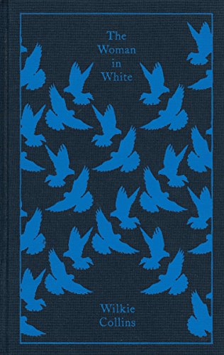 Dark blue book cover with blue birds and title "The Woman in White" in blue text.