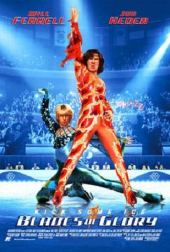 "Blades of Glory" DVD cover featuring two men in figure skating costumes on ice.