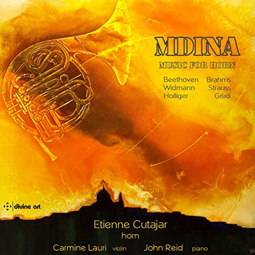 "CD cover featuring a French horn and silhouette of a building against an orange background."