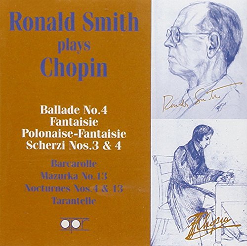 "CD cover with brown background, blue sketches of Ronald Smith and Chopin, and white text."