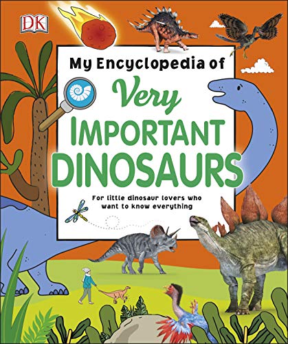 "Children's dinosaur book cover featuring various dinosaurs and a child, with orange and green background."