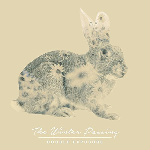 Double exposure image of a rabbit on a beige background with text below.