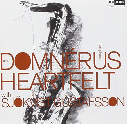 "Album cover with a sketch of a man playing saxophone, red text on white background."