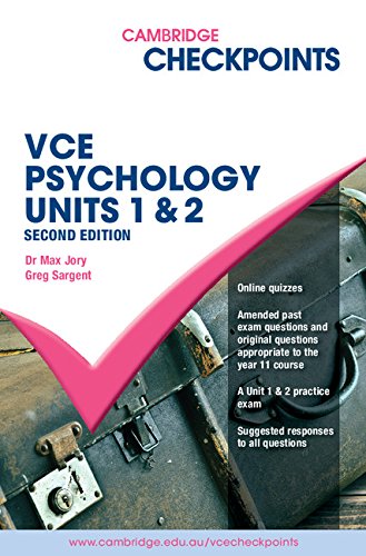 "Book cover with 'VCE Psychology Units 1 & 2' title, pink and blue text, and old suitcase."