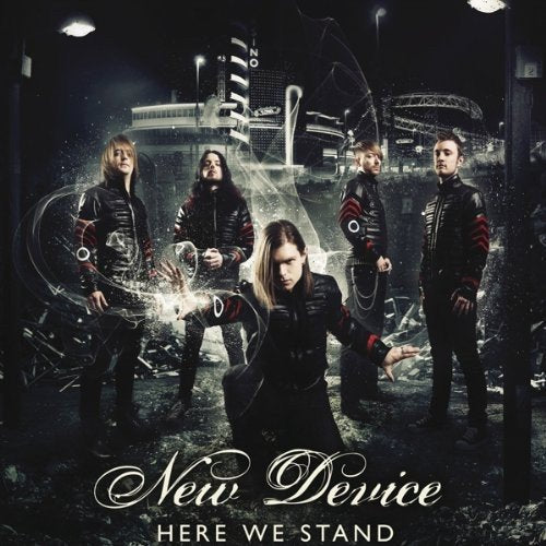 Album cover: four men and a woman in black, futuristic setting, debris.