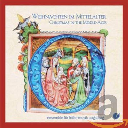 "CD cover with medieval-style illustration of Mary and baby Jesus surrounded by three people."