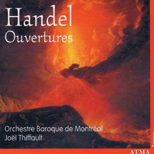 "CD cover with red and orange cloudy sky, 'Handel Ouvertures' in white text."