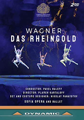 DVD cover for "Wagner: Das Rheingold" featuring three jumping ballerinas against a dark blue background.