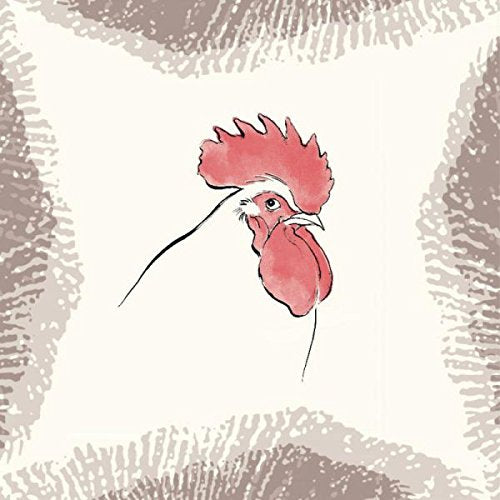 The image depicts a white rooster's head with a red comb and wattle.