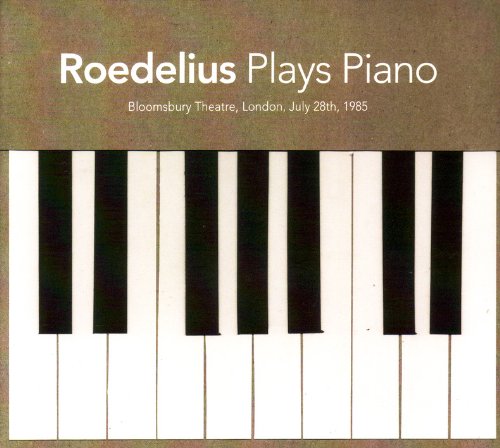 Brown vinyl album cover with piano keys and white text "Roedelius Plays Piano".