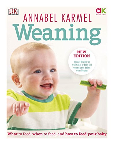 Book cover featuring a baby holding a green vegetable, titled "Weaning" by Annabel Karmel.