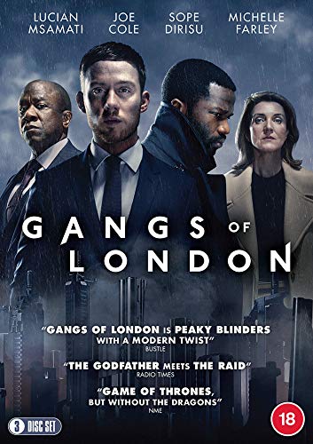 "Gangs of London DVD cover featuring four actors against a cityscape background."