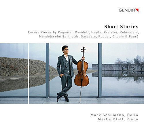 "CD cover with a man in a suit holding a cello, minimalist background."