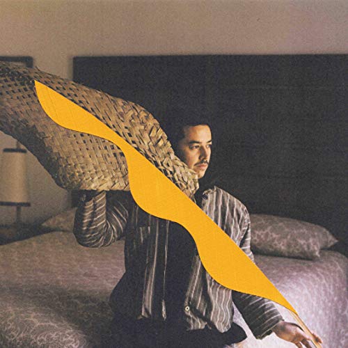 A man kneels on a bed, holding a patterned pillow over his shoulder.