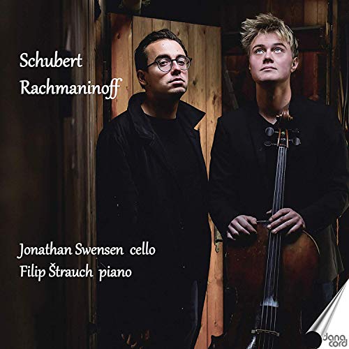 "CD cover with two men, one holding a cello, in dark attire."