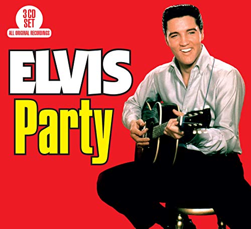 "Elvis Presley holding a guitar, seated on a stool, against a red background."
