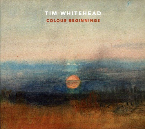 "Album cover art: abstract landscape painting with orange sun, blue, and brown hues."
