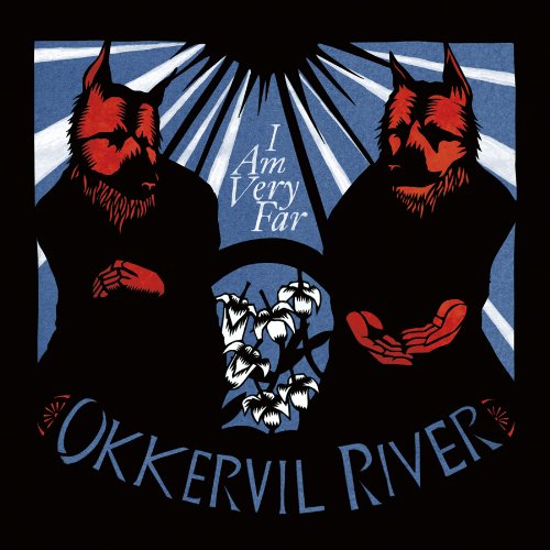 "Album cover with two red wolf-like figures and white flowers on blue background."