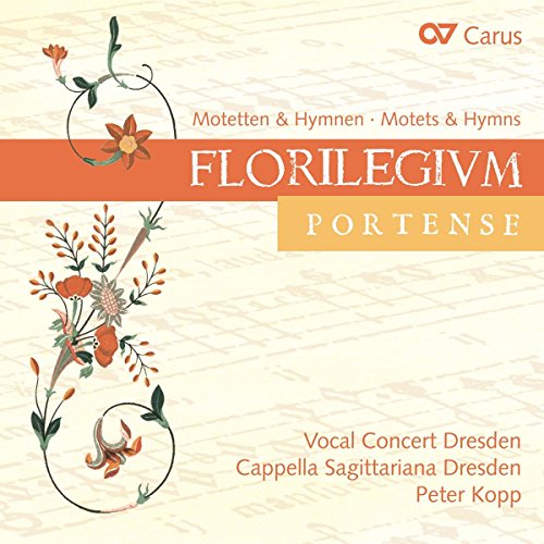 "CD cover with floral design, featuring 'Florilegium Portense' in white text on orange and yellow banners."