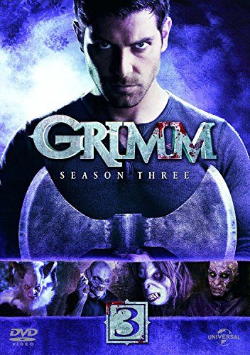 "Man holding axe with 'Grimm Season 3' text, surrounded by monster images on DVD cover."
