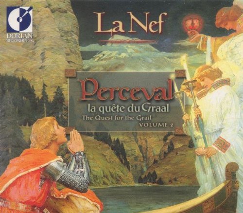 Album cover art: medieval scene with kneeling knight and robed figures near a lake.