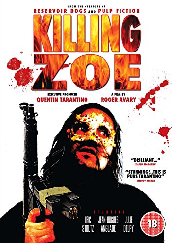 DVD cover for "Killing Zoe" featuring a man with a bloody face holding a gun.
