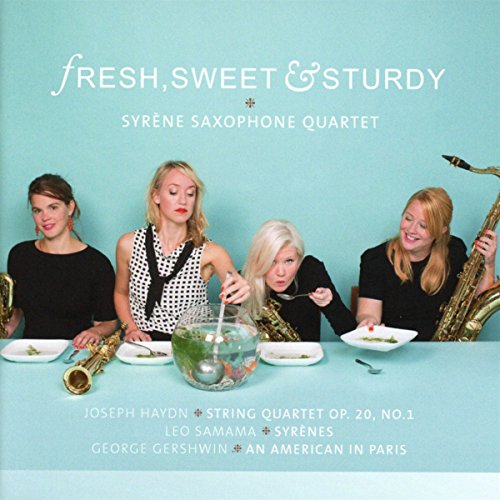 CD cover featuring four women with saxophones around a table with salad.