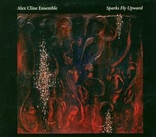"Album cover with abstract red and black design, white sparks, on black background."
