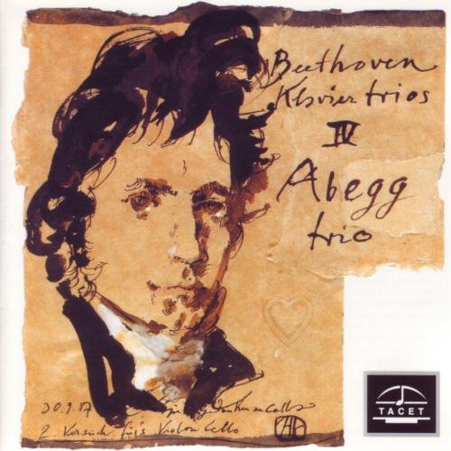 A sketch of Beethoven's face on a yellowish background with handwritten text and a logo.