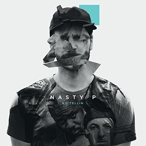 "Album cover with a man and multiple faces, white background, abstract design."
