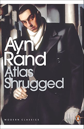 "Book cover of 'Atlas Shrugged' by Ayn Rand, featuring a man in a black suit."
