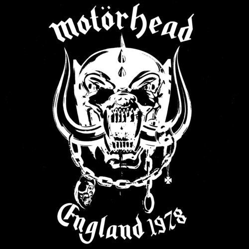 The image is a black square with a white skull graphic and text. #### Key Visual Characteristics: * The skull has horns and a chain around its neck. * The text "motörhead" is written above the skull. * The text "England 1978" is written below the skull. * A watermark featuring the Amazon logo is visible in the bottom-right corner. #### Alt Text: "Black square with white skull graphic and 'motörhead' and 'England 1978'