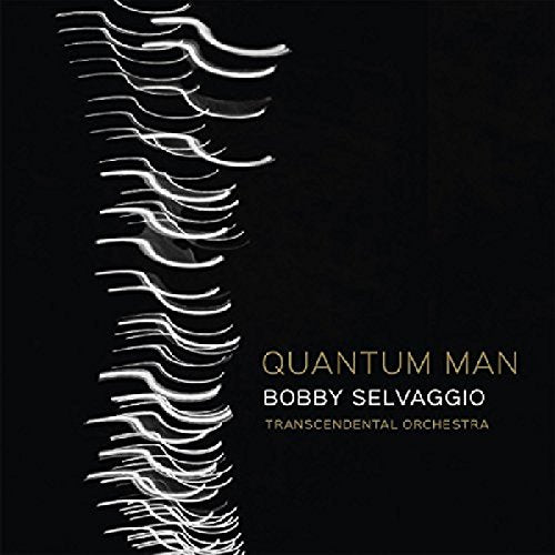 "Album cover with black background, white wavy lines, and gold and white text."