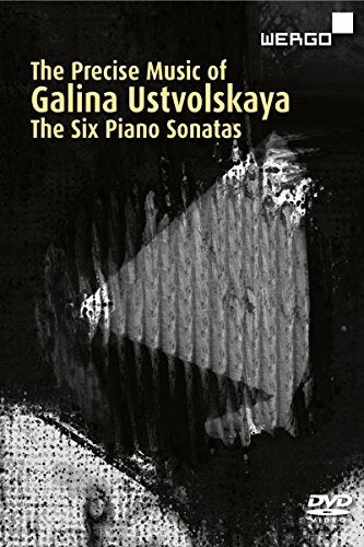 Alt text: Black and white DVD cover featuring piano keys and text "The Precise Music of Galina Ustvolskaya".