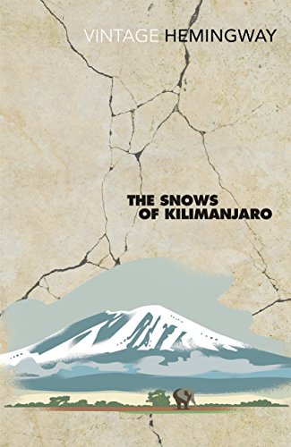 "Book cover with dark green airplane silhouette on blue background, titled 'The Snows of Kilimanjaro'."