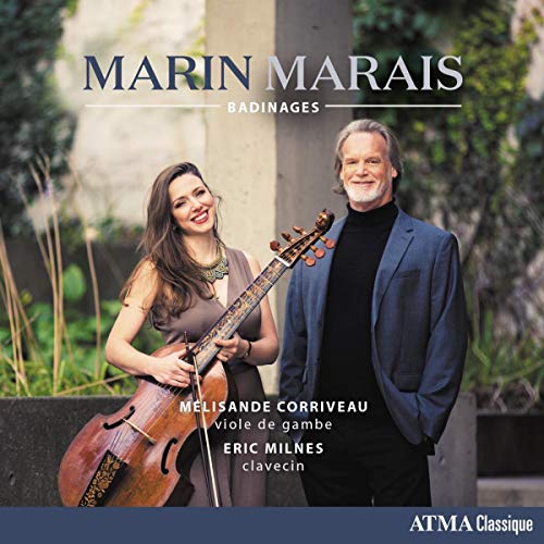 A man and woman standing together, she holding a viol.