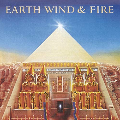 "Earth Wind & Fire album cover featuring an Egyptian temple and pyramid."