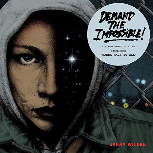 "Album cover with a person in a hoodie, half face obscured by a starry night."