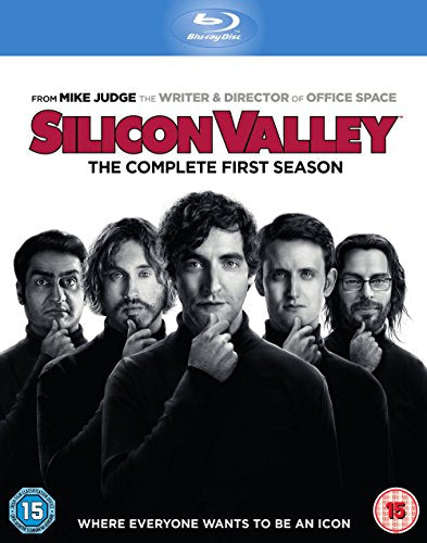 "Blu-ray cover featuring five men with finger to lips, 'Silicon Valley' in red."