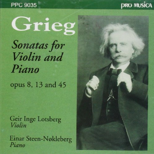 Green CD cover with black and white photo of Edvard Grieg holding a violin.