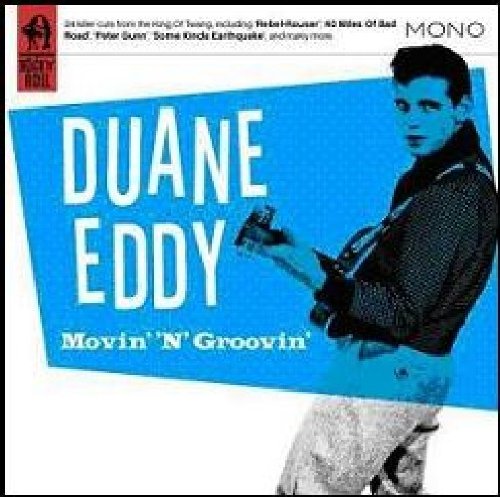 Duane Eddy album cover with monochrome image of man holding guitar against blue background.