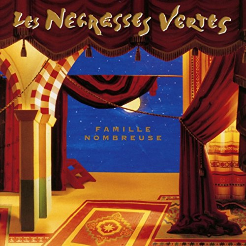 "Album cover art: ornate room with curtains, rug, and night sky view, text 'Les Negresses Vertes'."