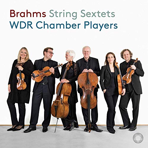 "CD cover featuring six musicians in black holding string instruments against a white background."