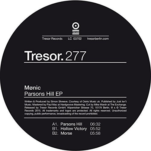 Black vinyl record label with white text, displaying "Tresor.277" and "Monic Parsons Hill EP".