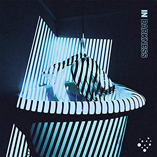 The image depicts a vinyl record cover with a person surrounded by striped shadows. For accessibility purposes, a concise alt text could be: "Vinyl record cover with person surrounded by striped shadows."