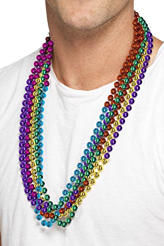 A man wearing multiple strands of shiny, rainbow-colored beads around his neck.