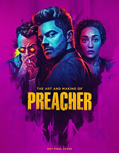 The image depicts a book cover featuring three characters against a purple background. Alt text: "Book cover with three characters and 'Preacher' title on purple background."