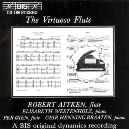 Black CD cover with white text and a central image of sheet music and a flute.