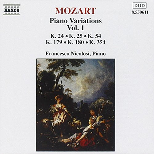 "CD cover with 'Mozart Piano Variations' and pastoral painting of people in a landscape."