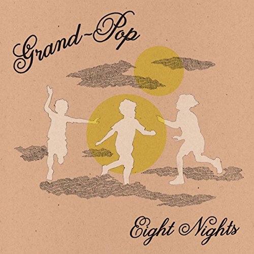 "Album cover with three dancing silhouettes and yellow moon on a brown background."